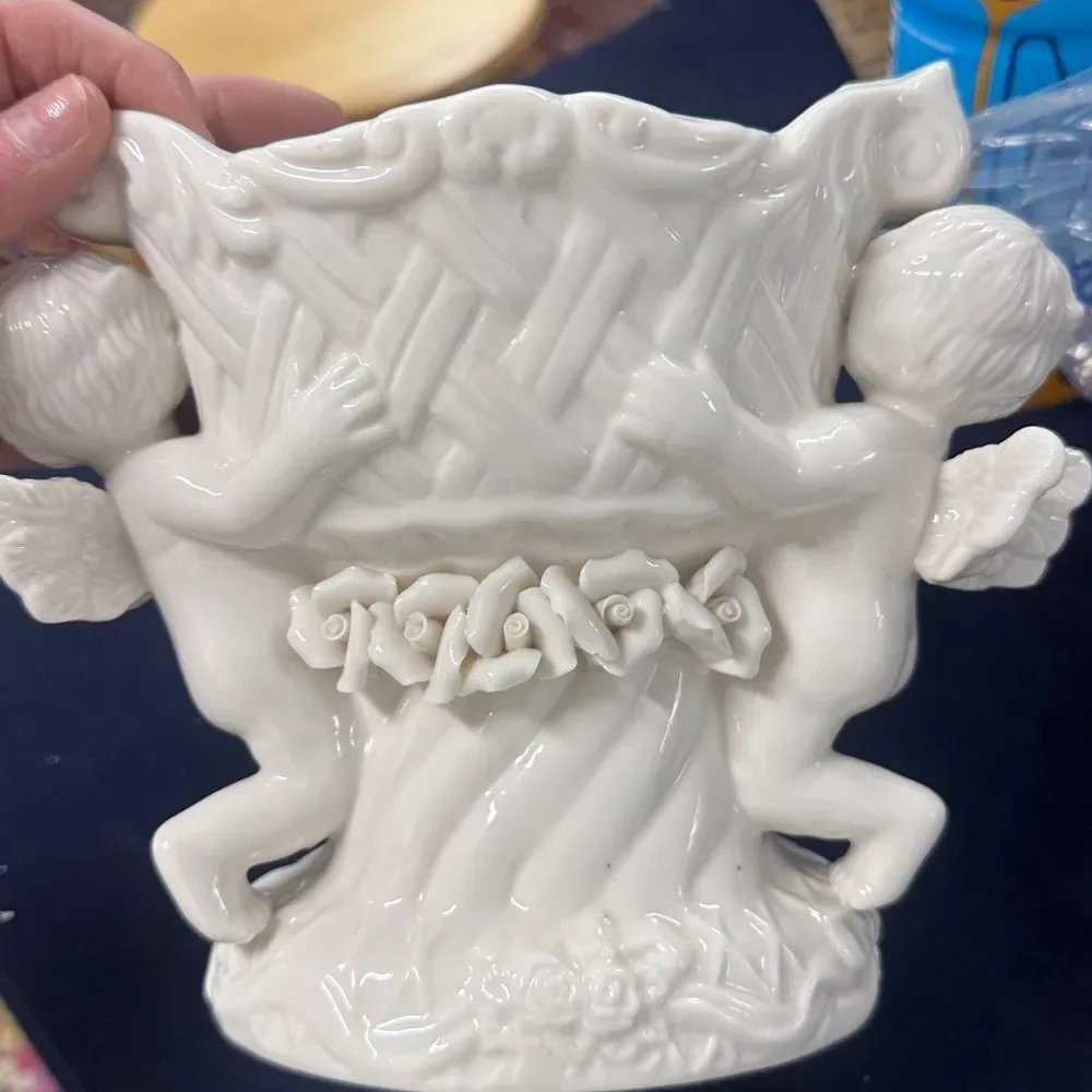 Vintage White Cherub Vase |Angel Figurine Planter | Romantic Mid-Century Ceramic